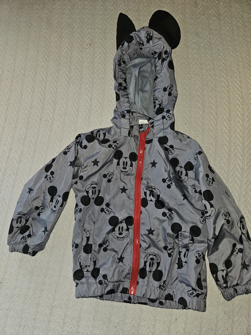 Disney Gray Mickey Mouse Hooded Windbreaker with Red Zipper
